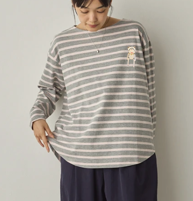 ボーダー刺繍長袖Tシャツ(Mouton Blanc)