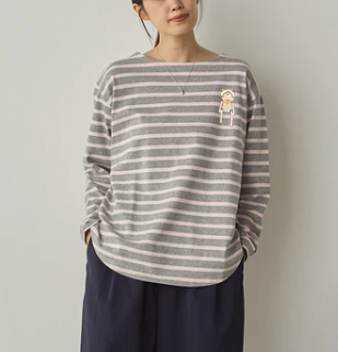ボーダー刺繍長袖Tシャツ(Mouton Blanc)