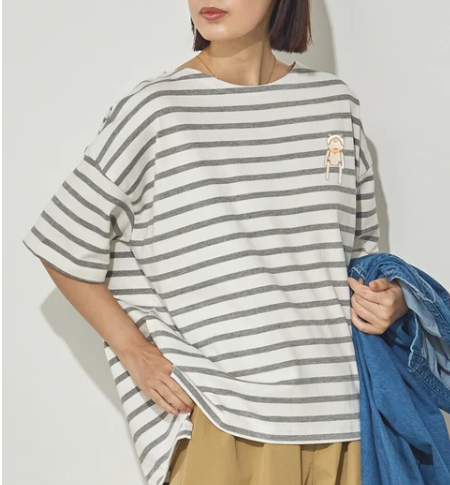 ボーダー刺繍長袖Tシャツ(Mouton Blanc)