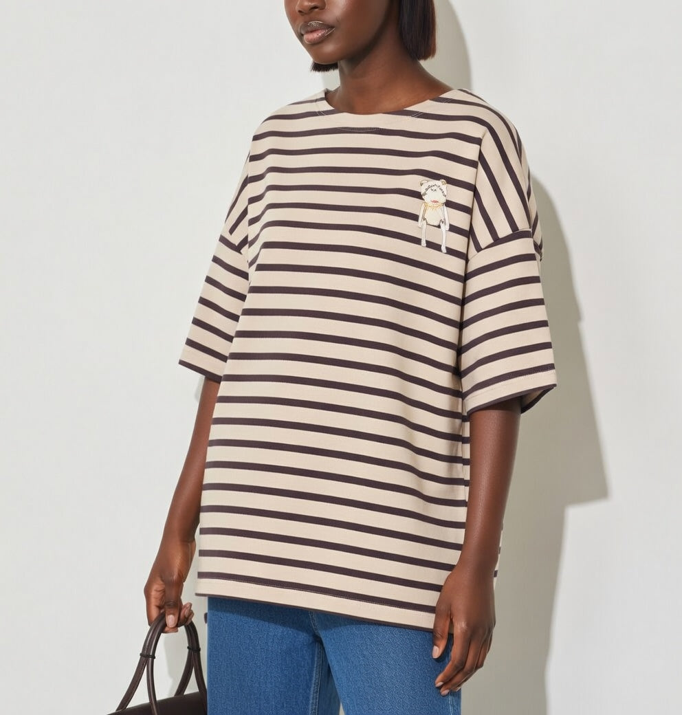 ボーダー刺繍長袖Tシャツ(Mouton Blanc)